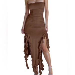 Strapless Brown Ruffle-Hem Evening Dress